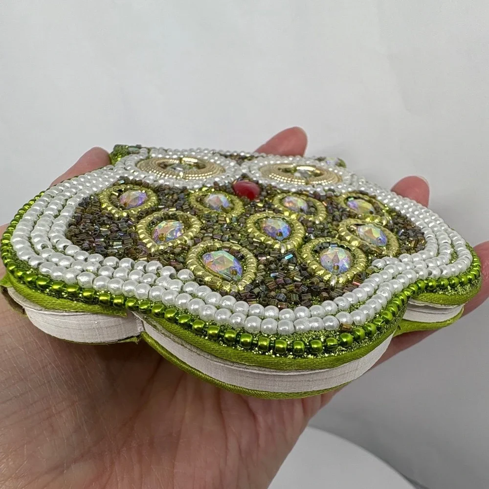 Green Beaded Owl Shaped Notebook Whimsical Iridescent‎ Rhinestone Pearl Journal